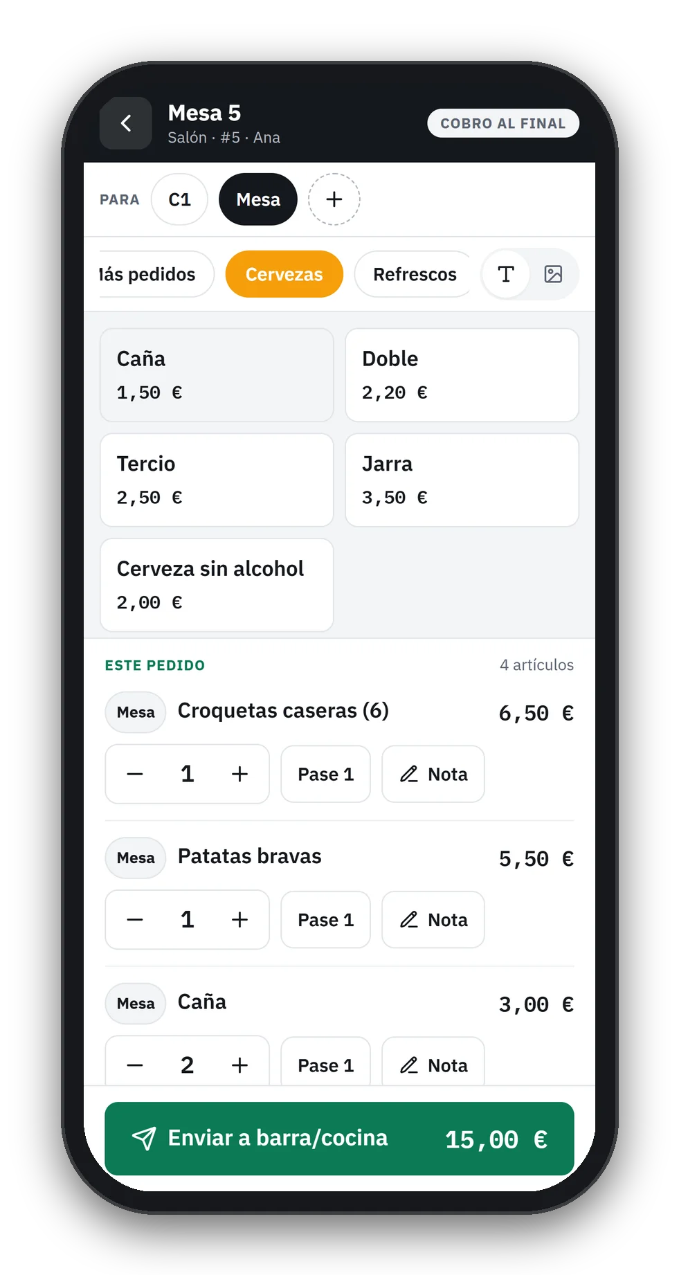 Tickea: Comandero en el móvil con el pedido de la mesa 5 listo para enviar a barra y cocina